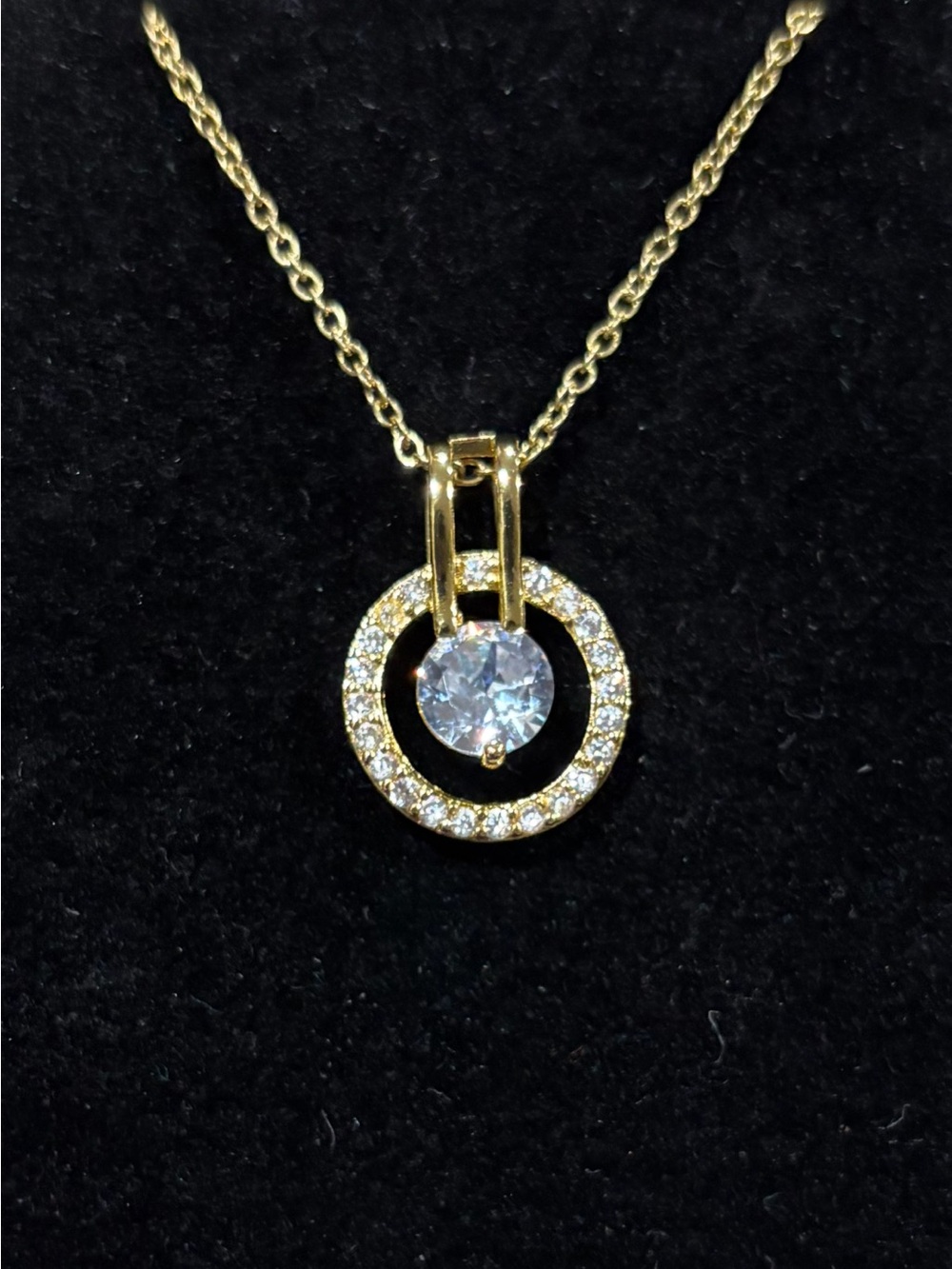 Gold Circle Pendant Necklace with Clear Crystal CZ